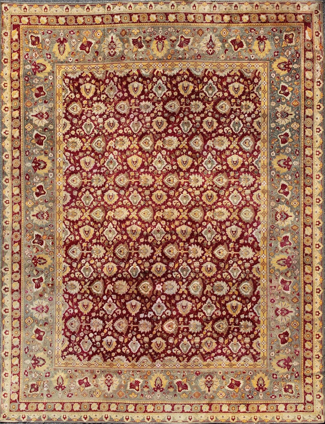 Keivan Woven Arts, Elegant Antique Indian Agra Rug in Maroon Red Background and Gray Green Border. Kwarugs /13 - 1105. Antique Agra. Antique Amritsar. Antique Indian Rugs. Antique Mughal carpet. Elegant Antique 19th Century Indian Agra rug in Maroon... - Keivan Woven Arts13 - 1105 - 5168Rug