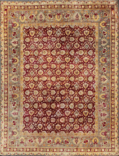 Keivan Woven Arts, Elegant Antique Indian Agra Rug in Maroon Red Background and Gray Green Border. Kwarugs /13 - 1105. Antique Agra. Antique Amritsar. Antique Indian Rugs. Antique Mughal carpet. Elegant Antique 19th Century Indian Agra rug in Maroon... - Keivan Woven Arts13 - 1105 - 5168Rug
