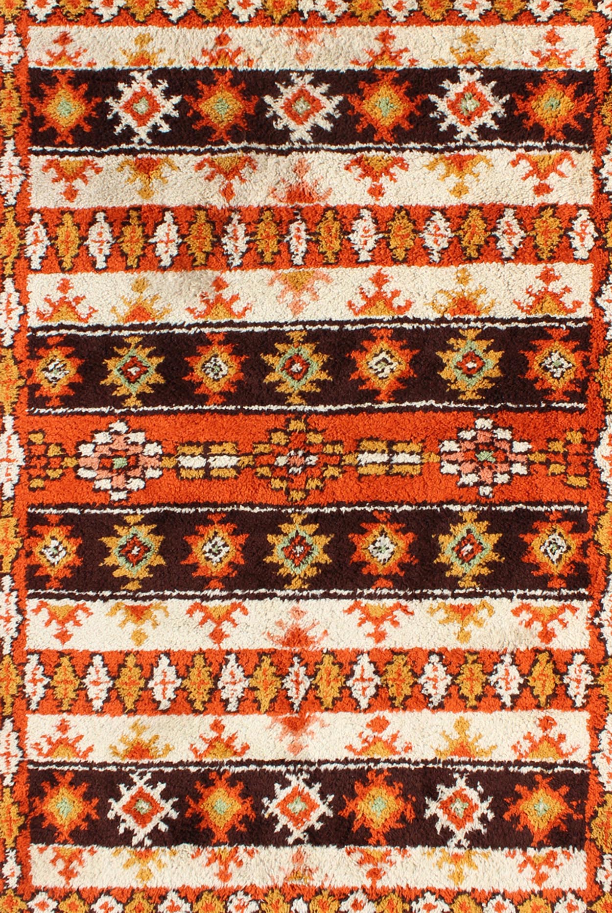 Vintage Moroccan Rug with Stripes & Tribal Design in Orange, D. Brown, Ivory Vintage Moroccan Berber Rug, rug 13 - 1202, country of origin / type: Morocco / Tribal, circa Late - 20th Century. Measures: 6' x 9'. This colorful Vintage Mo... - Keivan Woven Arts13 - 1202 - 5197Rug