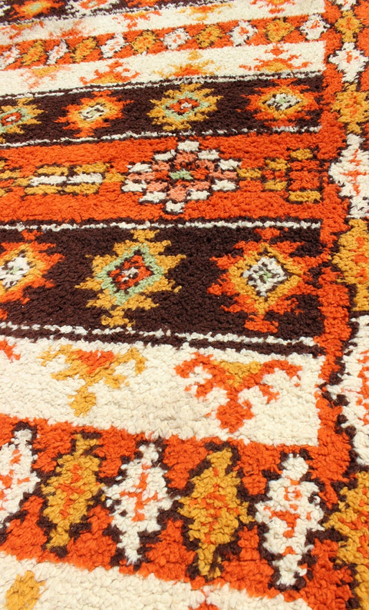 Vintage Moroccan Rug with Stripes & Tribal Design in Orange, D. Brown, Ivory Vintage Moroccan Berber Rug, rug 13 - 1202, country of origin / type: Morocco / Tribal, circa Late - 20th Century. Measures: 6' x 9'. This colorful Vintage Mo... - Keivan Woven Arts13 - 1202 - 5197Rug