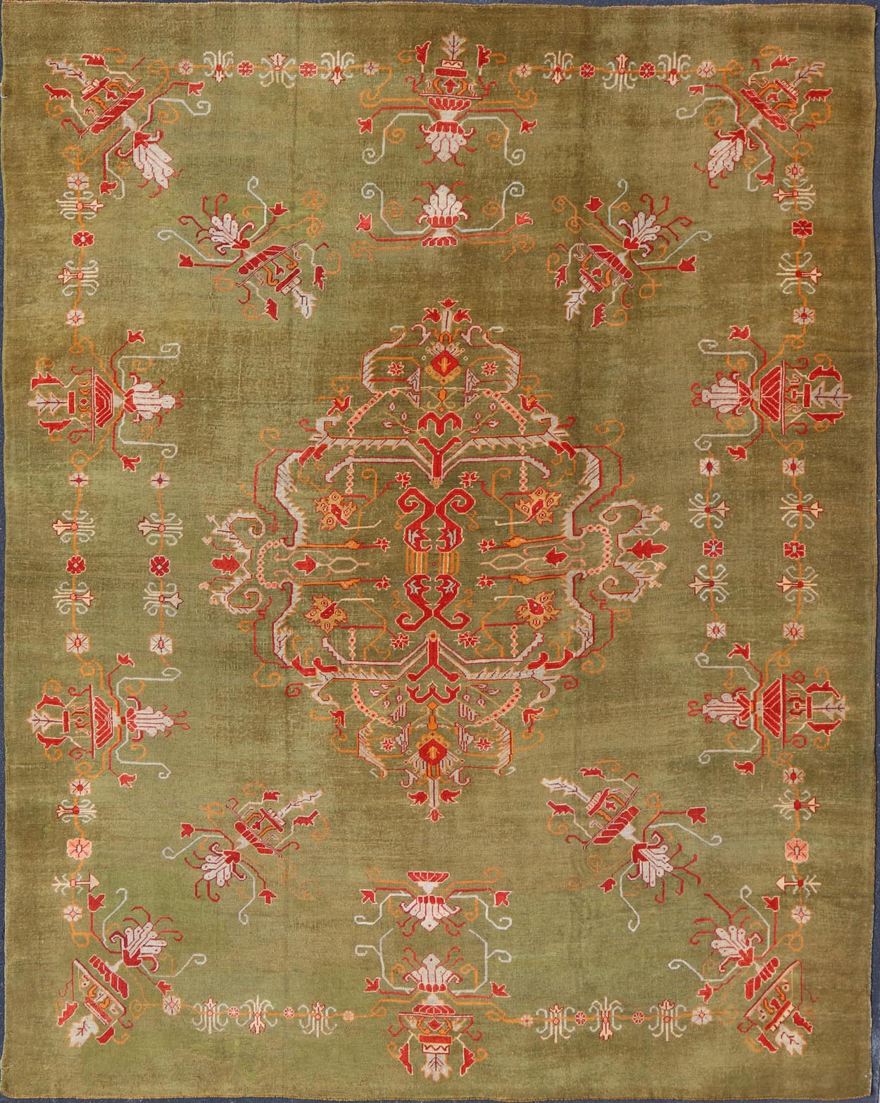 Antique Turkish Oushak Rug in Green Field and Colorful Accents. Keivan Woven Arts Rug / 13 - 1214, Green Antique Oushak, antique green Oushak. Measures: 12'2 x 14'8 This striking Oushak showcases a unique pattern of stylized large flowers on a ric... - Keivan Woven Arts13 - 1214 - 6961Rug