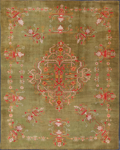 Antique Turkish Oushak Rug in Green Field and Colorful Accents. Keivan Woven Arts Rug / 13 - 1214, Green Antique Oushak, antique green Oushak. Measures: 12'2 x 14'8 This striking Oushak showcases a unique pattern of stylized large flowers on a ric... - Keivan Woven Arts13 - 1214 - 6961Rug