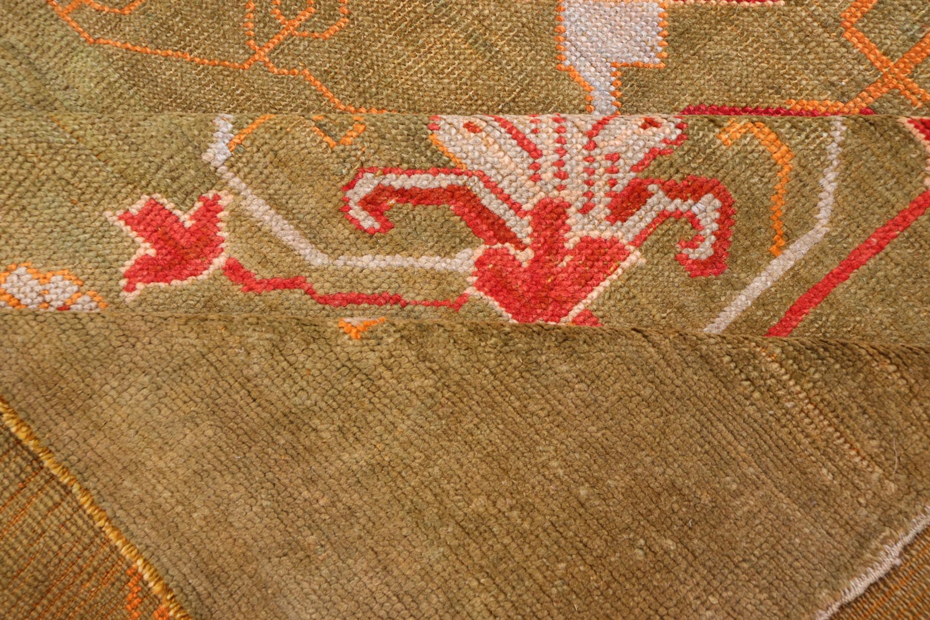 Antique Turkish Oushak Rug in Green Field and Colorful Accents. Keivan Woven Arts Rug / 13 - 1214, Green Antique Oushak, antique green Oushak. Measures: 12'2 x 14'8 This striking Oushak showcases a unique pattern of stylized large flowers on a ric... - Keivan Woven Arts13 - 1214 - 6961Rug