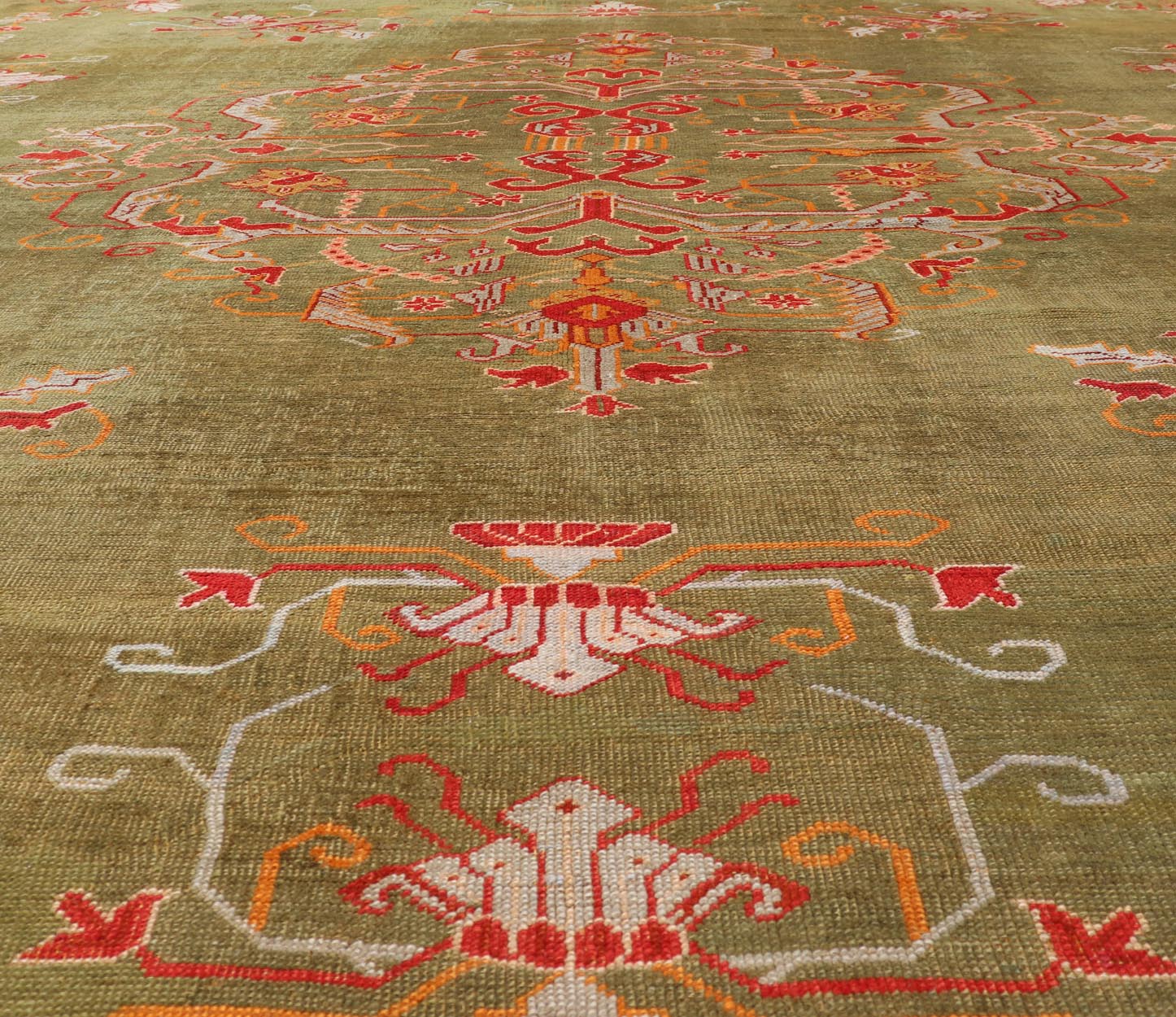 Antique Turkish Oushak Rug in Green Field and Colorful Accents. Keivan Woven Arts Rug / 13 - 1214, Green Antique Oushak, antique green Oushak. Measures: 12'2 x 14'8 This striking Oushak showcases a unique pattern of stylized large flowers on a ric... - Keivan Woven Arts13 - 1214 - 6961Rug
