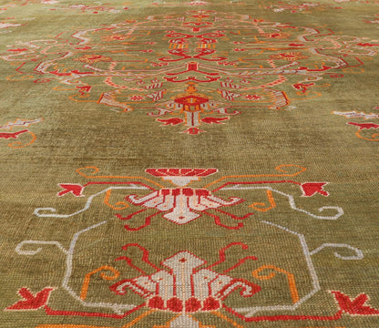 Antique Turkish Oushak Rug in Green Field and Colorful Accents. Keivan Woven Arts Rug / 13 - 1214, Green Antique Oushak, antique green Oushak. Measures: 12'2 x 14'8 This striking Oushak showcases a unique pattern of stylized large flowers on a ric... - Keivan Woven Arts13 - 1214 - 6961Rug