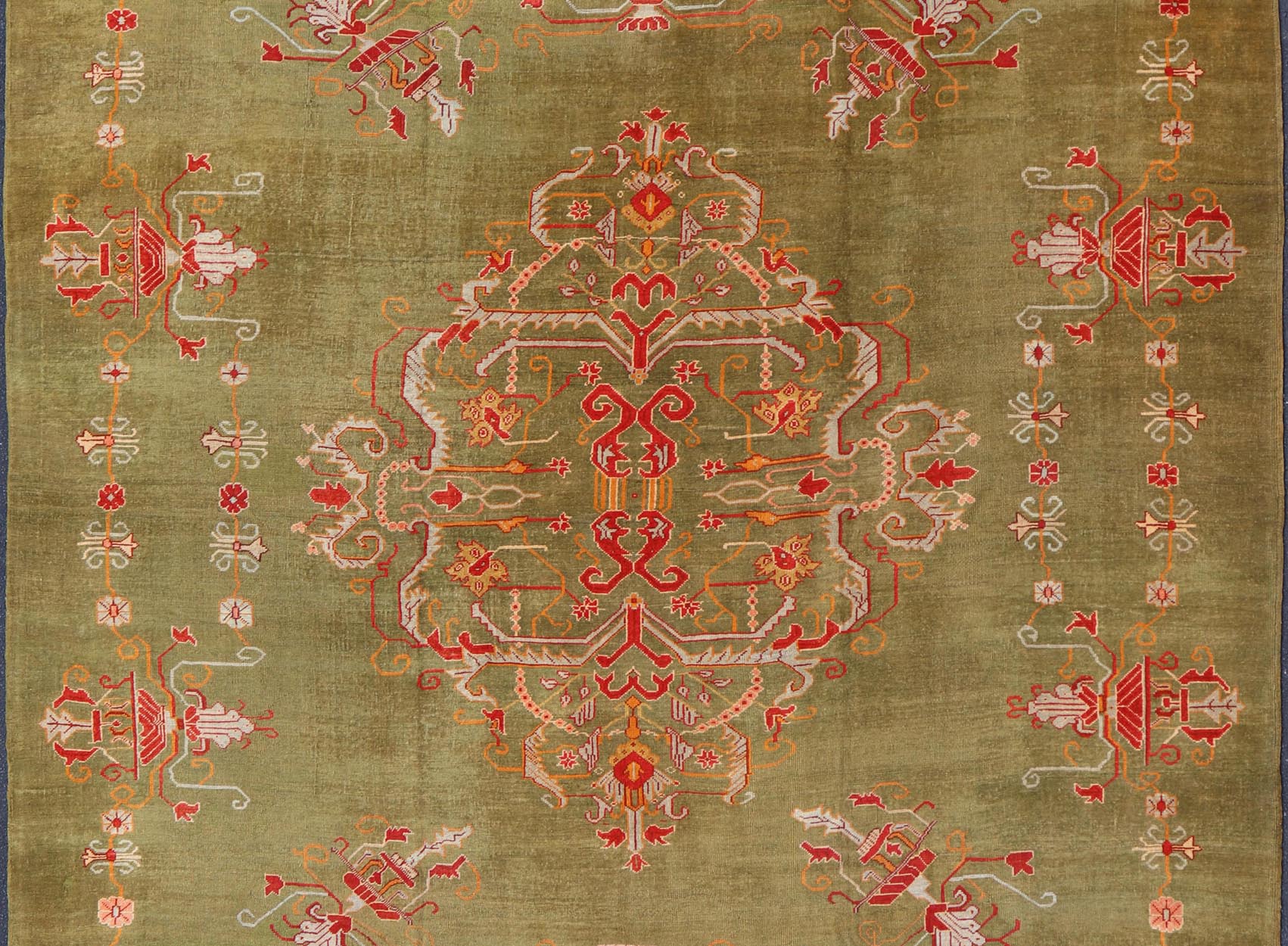 Antique Turkish Oushak Rug in Green Field and Colorful Accents. Keivan Woven Arts Rug / 13 - 1214, Green Antique Oushak, antique green Oushak. Measures: 12'2 x 14'8 This striking Oushak showcases a unique pattern of stylized large flowers on a ric... - Keivan Woven Arts13 - 1214 - 6961Rug