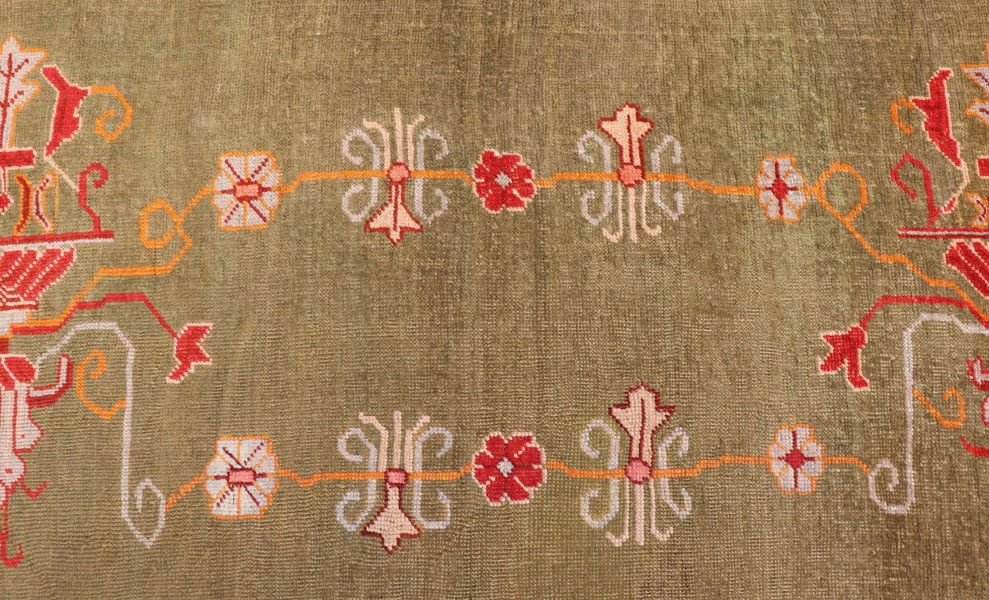 Antique Turkish Oushak Rug in Green Field and Colorful Accents. Keivan Woven Arts Rug / 13 - 1214, Green Antique Oushak, antique green Oushak. Measures: 12'2 x 14'8 This striking Oushak showcases a unique pattern of stylized large flowers on a ric... - Keivan Woven Arts13 - 1214 - 6961Rug