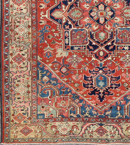 Antique Persian Serapi Rug with Geometric Central Medallion and Colorful Design. Keivan Woven Arts / Rug / 16 - 0305, country of origin / type: Iran /Heriz, circa 1910 Measures: 10' x 12'. This magnificent antique Persian Serapi carpet from the ear... - Keivan Woven Arts16 - 0305 - 8649Rug
