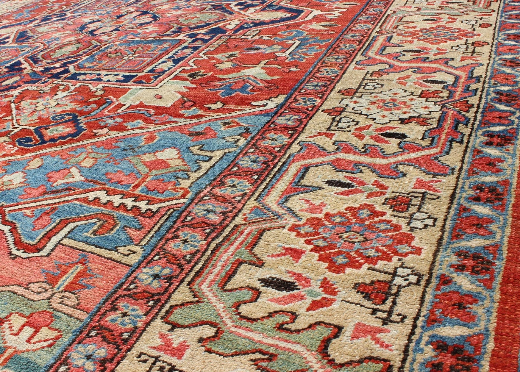 Antique Persian Serapi Rug with Geometric Central Medallion and Colorful Design. Keivan Woven Arts / Rug / 16 - 0305, country of origin / type: Iran /Heriz, circa 1910 Measures: 10' x 12'. This magnificent antique Persian Serapi carpet from the ear... - Keivan Woven Arts16 - 0305 - 8649Rug