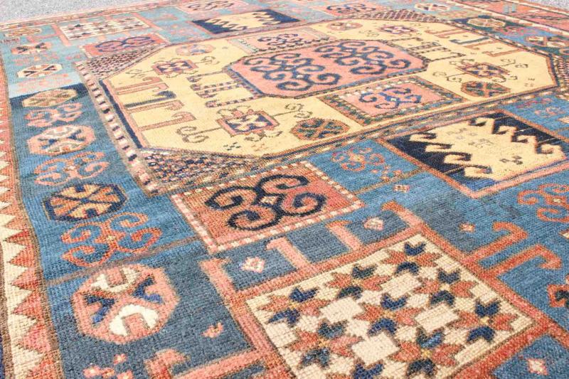 Antique Caucasian Karachopt Rug large rug in Teal and soft Yellow, 16 - 0601, Kazak Karachopf rugs are among the most desirable Caucasian rugs. The muted colors of rusty orange, buttery yellow, blueand ivories that decorate this beautiful antique Karacho... - Keivan Woven Arts16 - 0601 - 7415Rug