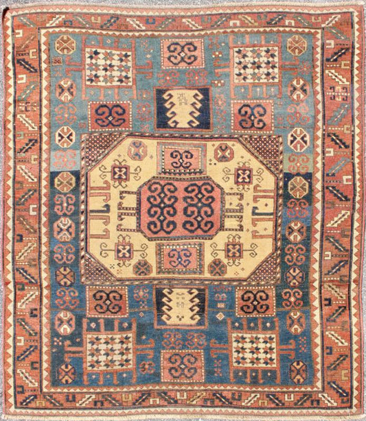 Antique Caucasian Karachopt Rug large rug in Teal and soft Yellow, 16 - 0601, Kazak Karachopf rugs are among the most desirable Caucasian rugs. The muted colors of rusty orange, buttery yellow, blueand ivories that decorate this beautiful antique Karacho... - Keivan Woven Arts16 - 0601 - 7415Rug