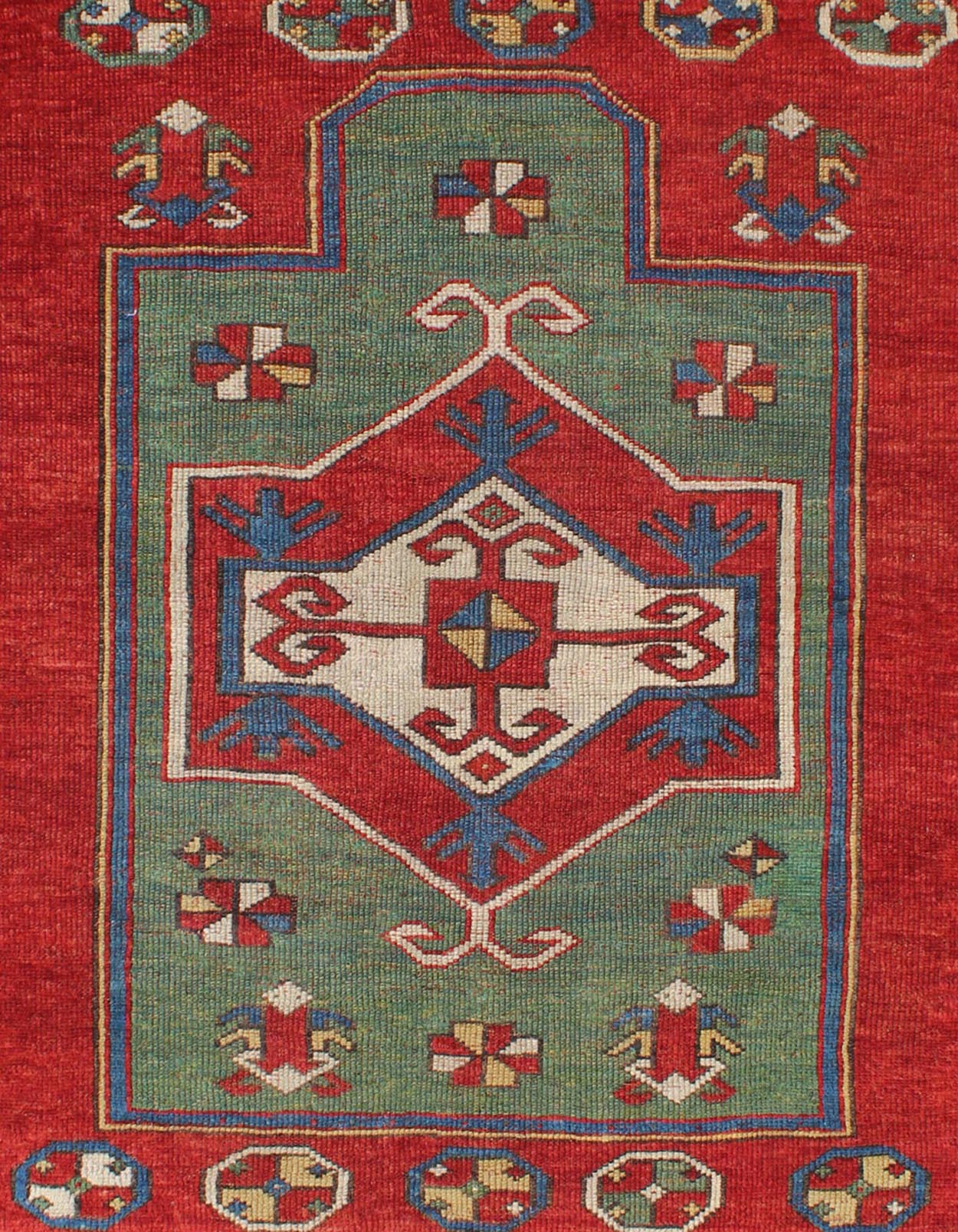 Green Antique Caucasian Fachralo Kazak with Tribal Design in Green, Red and Ivory Antique Caucasian Kazak Rug with Tribal Design in Red, Blue, Green, and Ivory, rug 16 - 0605, country of origin / type: Iran / Caucasian Kazak, circa 1870 Measures: ... - Keivan Woven Arts16 - 0605 - 8662Rug