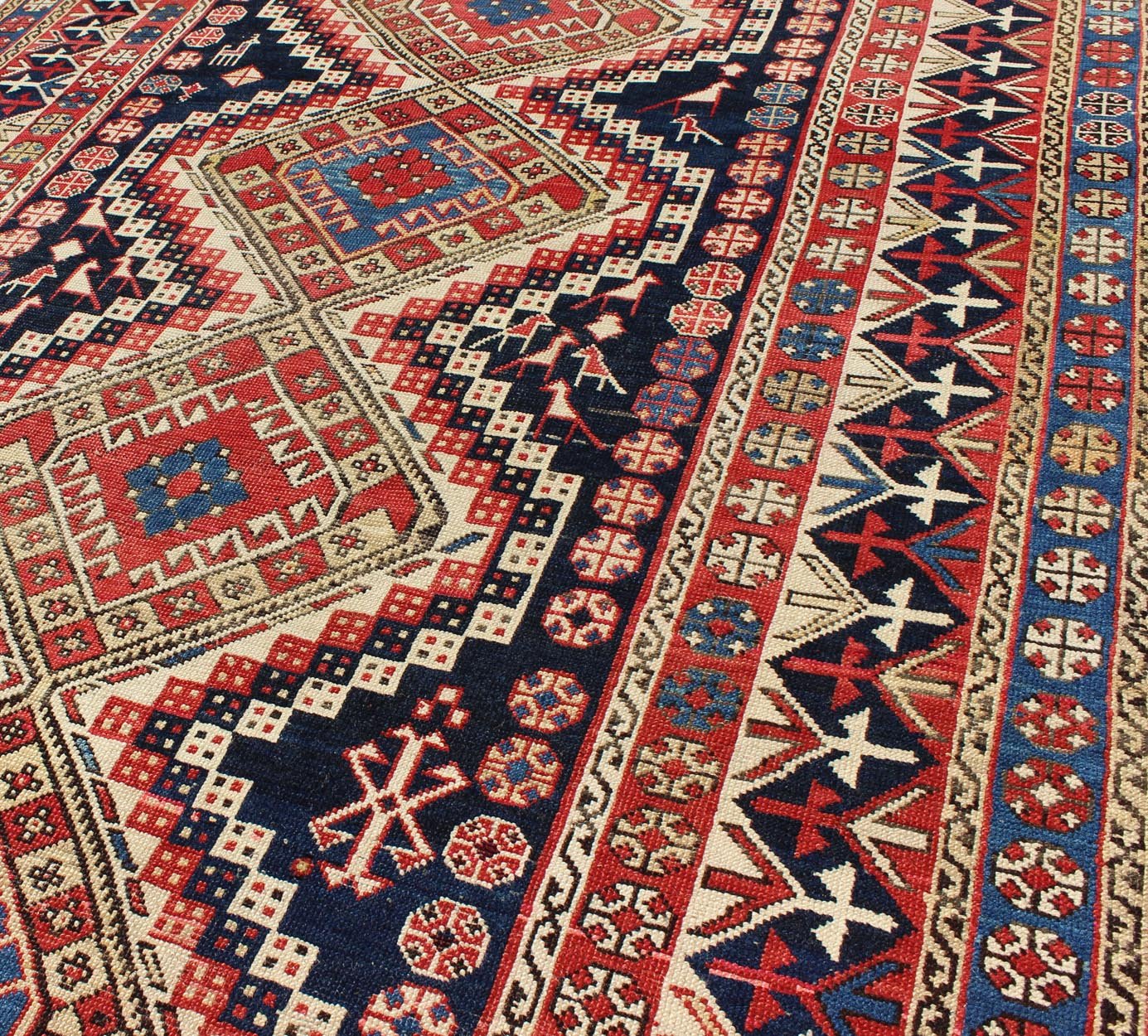 Antique Caucasian Shirvan Rug with Tribal Design and Medallions. Multicolored antique Caucasian Shirvan rug with tribal design and medallions, rug 16 - 0606, country of origin / type: Caucasus / Kazak, circa 1890 A finely woven Shirvan Caucasian r... - Keivan Woven Arts16 - 0606 - 8666Rug