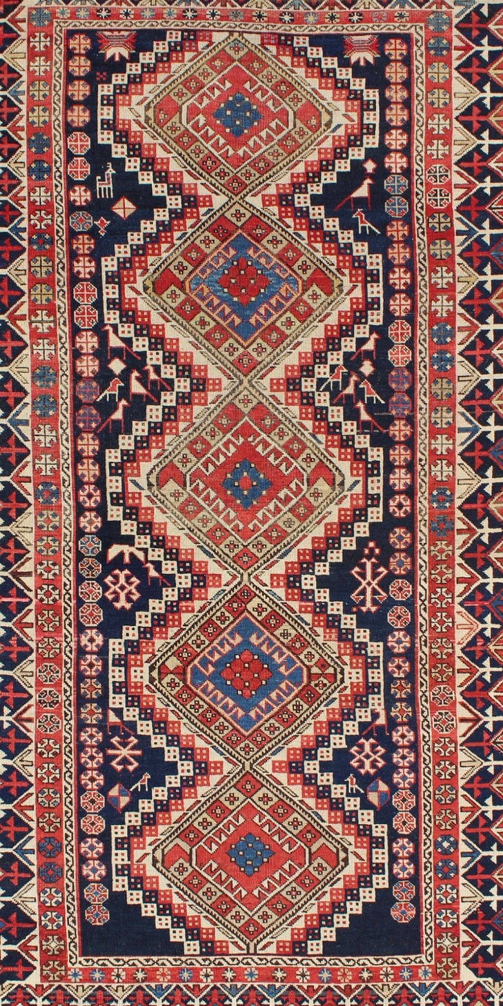 Antique Caucasian Shirvan Rug with Tribal Design and Medallions. Multicolored antique Caucasian Shirvan rug with tribal design and medallions, rug 16 - 0606, country of origin / type: Caucasus / Kazak, circa 1890 A finely woven Shirvan Caucasian r... - Keivan Woven Arts16 - 0606 - 8666Rug