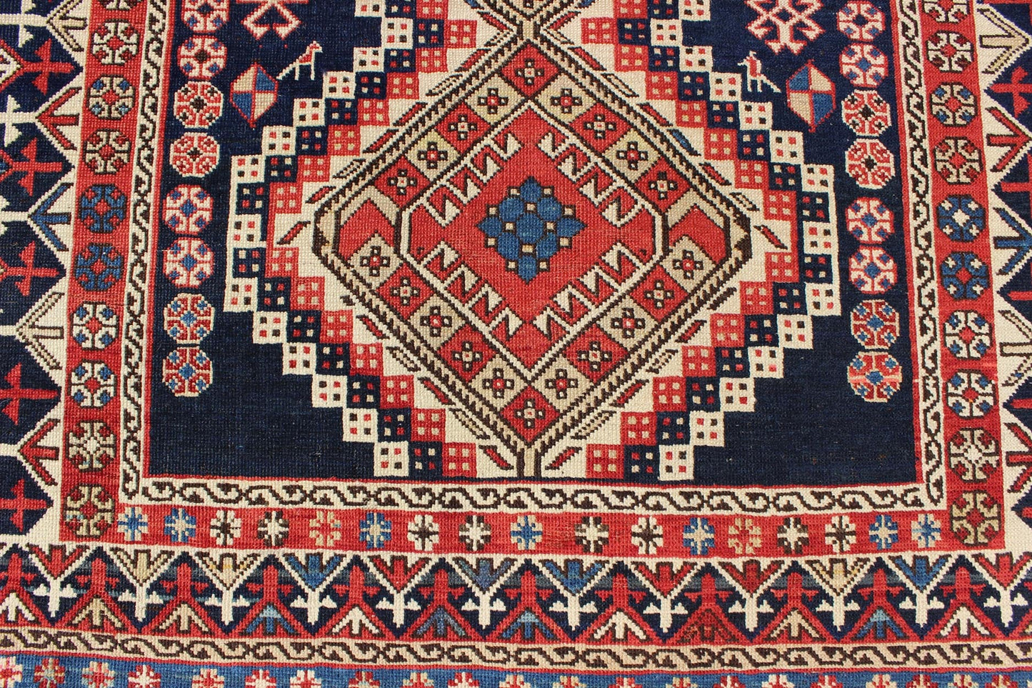 Antique Caucasian Shirvan Rug with Tribal Design and Medallions. Multicolored antique Caucasian Shirvan rug with tribal design and medallions, rug 16 - 0606, country of origin / type: Caucasus / Kazak, circa 1890 A finely woven Shirvan Caucasian r... - Keivan Woven Arts16 - 0606 - 8666Rug