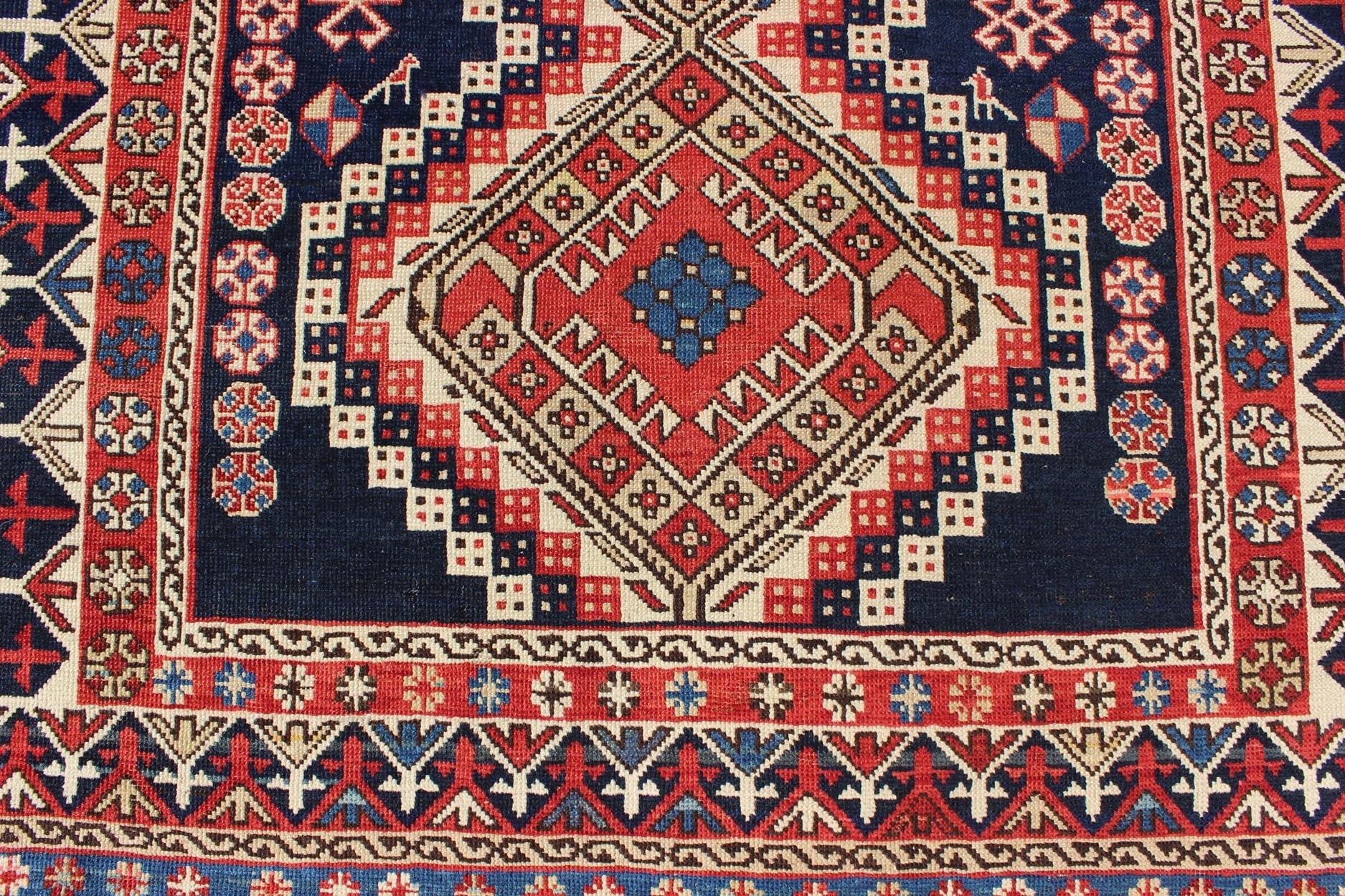 Antique Caucasian Shirvan Rug with Tribal Design and Medallions. Multicolored antique Caucasian Shirvan rug with tribal design and medallions, rug 16 - 0606, country of origin / type: Caucasus / Kazak, circa 1890 A finely woven Shirvan Caucasian r... - Keivan Woven Arts16 - 0606 - 8666Rug