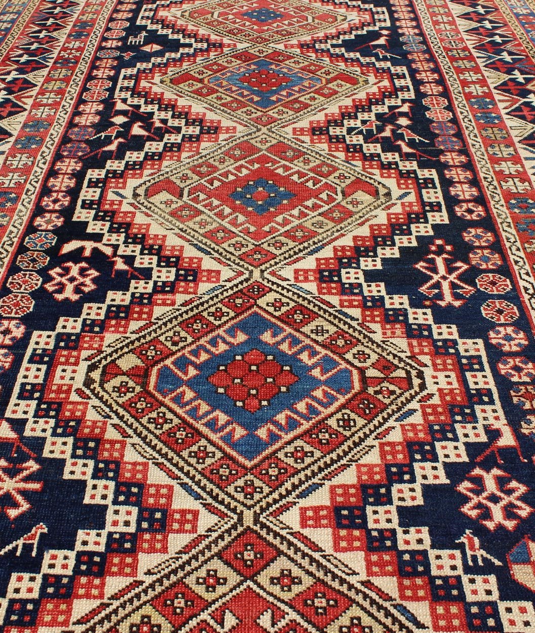 Antique Caucasian Shirvan Rug with Tribal Design and Medallions. Multicolored antique Caucasian Shirvan rug with tribal design and medallions, rug 16 - 0606, country of origin / type: Caucasus / Kazak, circa 1890 A finely woven Shirvan Caucasian r... - Keivan Woven Arts16 - 0606 - 8666Rug