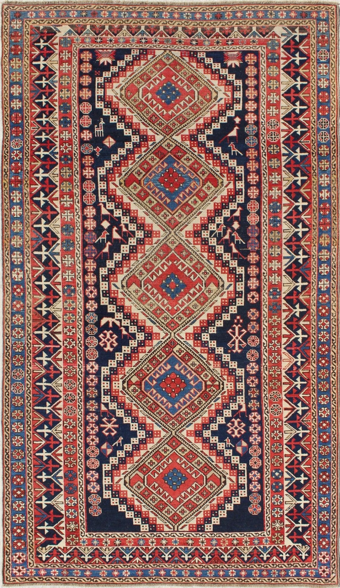 Antique Caucasian Shirvan Rug with Tribal Design and Medallions. Multicolored antique Caucasian Shirvan rug with tribal design and medallions, rug 16 - 0606, country of origin / type: Caucasus / Kazak, circa 1890 A finely woven Shirvan Caucasian r... - Keivan Woven Arts16 - 0606 - 8666Rug