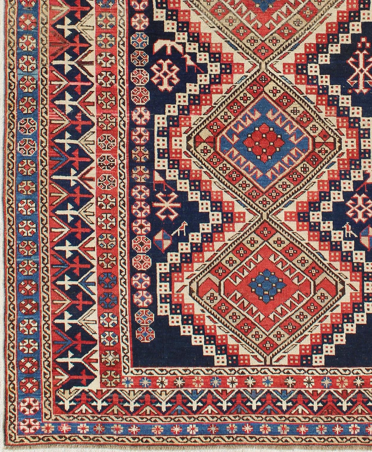 Antique Caucasian Shirvan Rug with Tribal Design and Medallions. Multicolored antique Caucasian Shirvan rug with tribal design and medallions, rug 16 - 0606, country of origin / type: Caucasus / Kazak, circa 1890 A finely woven Shirvan Caucasian r... - Keivan Woven Arts16 - 0606 - 8666Rug
