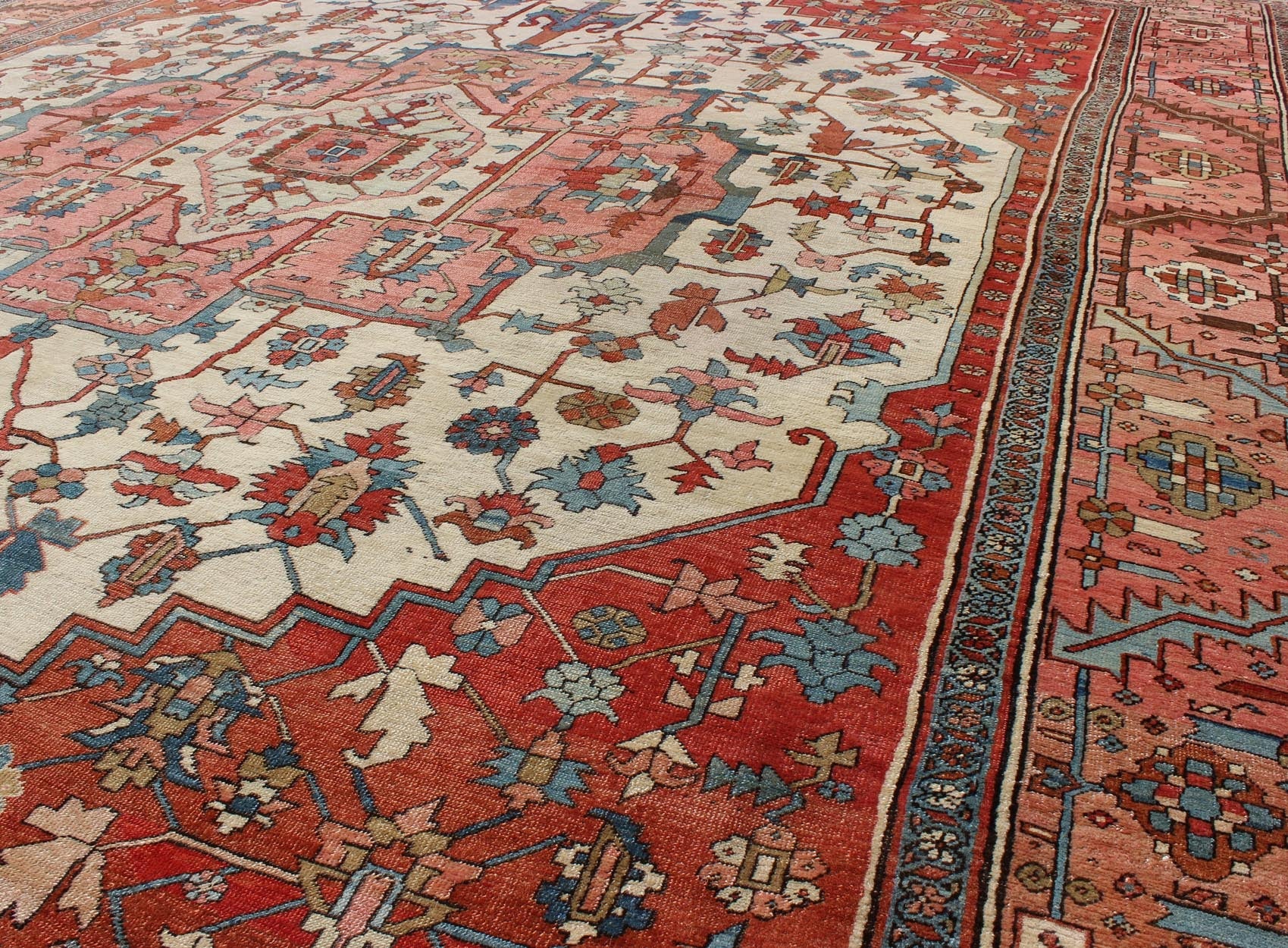 Antique Persian Serapi rug insquared shape with colors ivory, salmon pink, brick red. keivan Woven Arts / rug 16 - 0608, country of origin / type: Iran / Serapi, circa 1880. Measures: 11'5 x 13'10 Serapi rugs are known as the finest rugs produced ... - Keivan Woven Arts16 - 0608 - 8672Rug