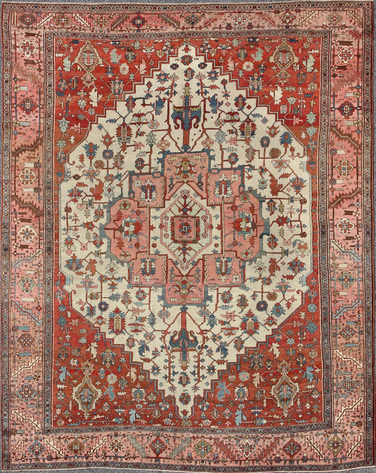 Antique Persian Serapi rug insquared shape with colors ivory, salmon pink, brick red. keivan Woven Arts / rug 16 - 0608, country of origin / type: Iran / Serapi, circa 1880. Measures: 11'5 x 13'10 Serapi rugs are known as the finest rugs produced ... - Keivan Woven Arts16 - 0608 - 8672Rug