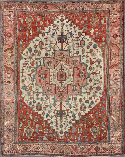 Antique Persian Serapi rug insquared shape with colors ivory, salmon pink, brick red. keivan Woven Arts / rug 16 - 0608, country of origin / type: Iran / Serapi, circa 1880. Measures: 11'5 x 13'10 Serapi rugs are known as the finest rugs produced ... - Keivan Woven Arts16 - 0608 - 8672Rug