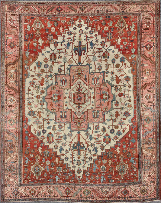 Antique Persian Serapi rug insquared shape with colors ivory, salmon pink, brick red. keivan Woven Arts / rug 16 - 0608, country of origin / type: Iran / Serapi, circa 1880. Measures: 11'5 x 13'10 Serapi rugs are known as the finest rugs produced ... - Keivan Woven Arts16 - 0608 - 8672Rug