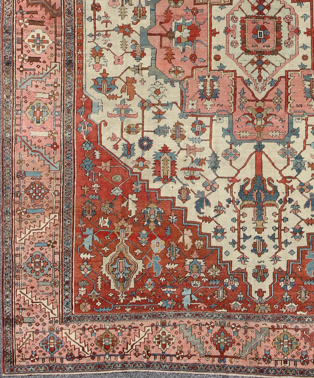 Antique Persian Serapi rug insquared shape with colors ivory, salmon pink, brick red. keivan Woven Arts / rug 16 - 0608, country of origin / type: Iran / Serapi, circa 1880. Measures: 11'5 x 13'10 Serapi rugs are known as the finest rugs produced ... - Keivan Woven Arts16 - 0608 - 8672Rug