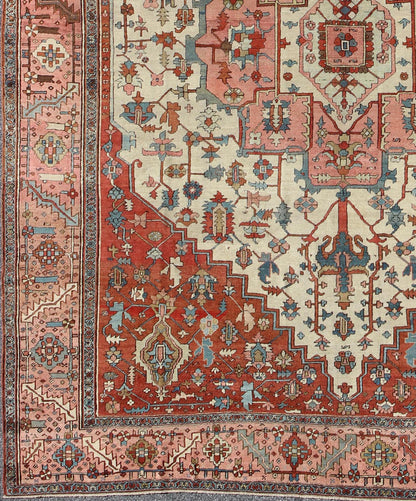 Antique Persian Serapi rug insquared shape with colors ivory, salmon pink, brick red. keivan Woven Arts / rug 16 - 0608, country of origin / type: Iran / Serapi, circa 1880. Measures: 11'5 x 13'10 Serapi rugs are known as the finest rugs produced ... - Keivan Woven Arts16 - 0608 - 8672Rug