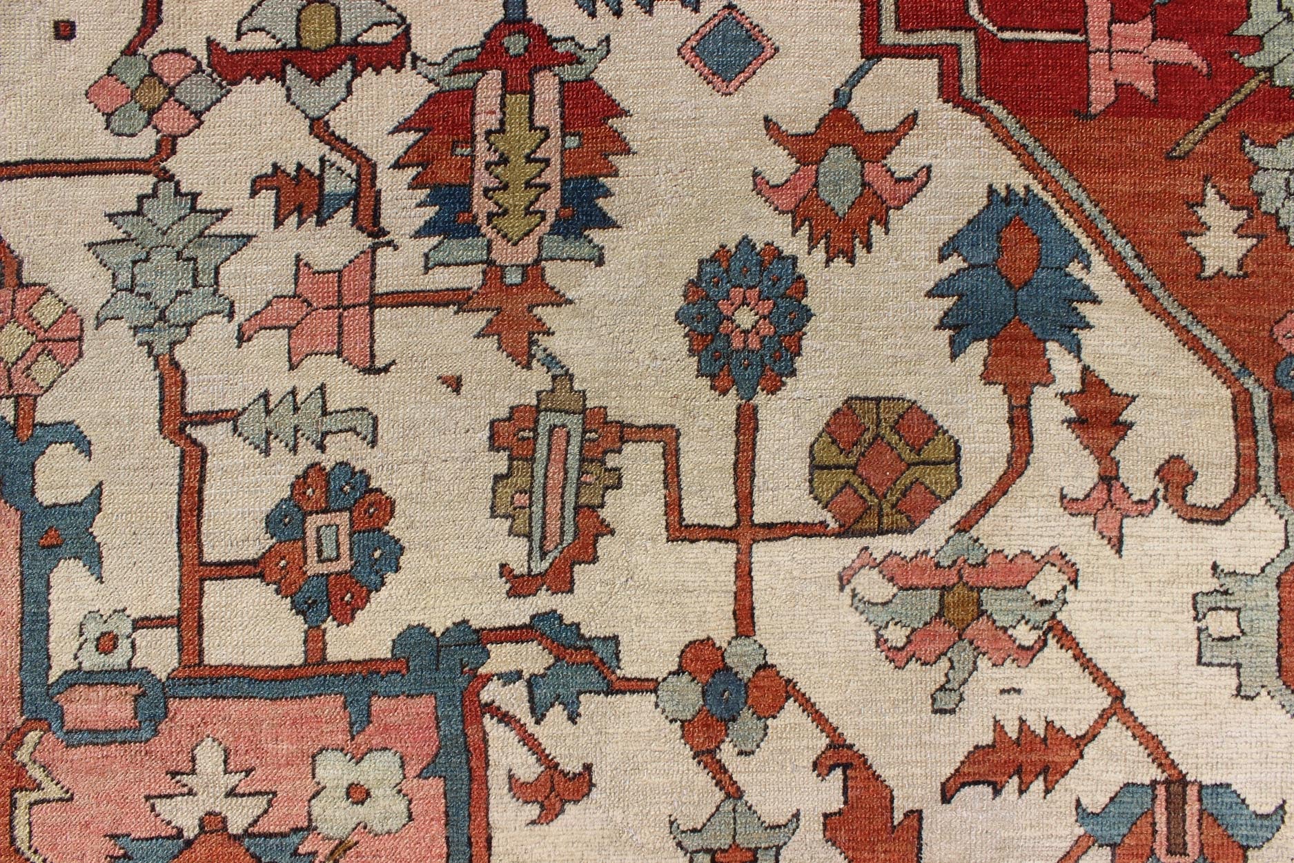 Antique Persian Serapi rug insquared shape with colors ivory, salmon pink, brick red. keivan Woven Arts / rug 16 - 0608, country of origin / type: Iran / Serapi, circa 1880. Measures: 11'5 x 13'10 Serapi rugs are known as the finest rugs produced ... - Keivan Woven Arts16 - 0608 - 8672Rug