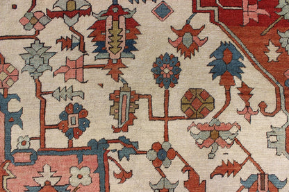 Antique Persian Serapi rug insquared shape with colors ivory, salmon pink, brick red. keivan Woven Arts / rug 16 - 0608, country of origin / type: Iran / Serapi, circa 1880. Measures: 11'5 x 13'10 Serapi rugs are known as the finest rugs produced ... - Keivan Woven Arts16 - 0608 - 8672Rug