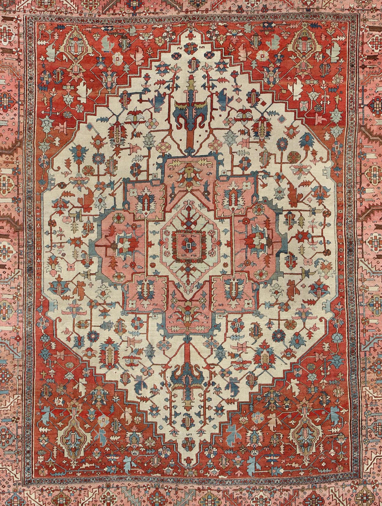 Antique Persian Serapi rug insquared shape with colors ivory, salmon pink, brick red. keivan Woven Arts / rug 16 - 0608, country of origin / type: Iran / Serapi, circa 1880. Measures: 11'5 x 13'10 Serapi rugs are known as the finest rugs produced ... - Keivan Woven Arts16 - 0608 - 8672Rug