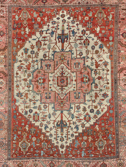 Antique Persian Serapi rug insquared shape with colors ivory, salmon pink, brick red. keivan Woven Arts / rug 16 - 0608, country of origin / type: Iran / Serapi, circa 1880. Measures: 11'5 x 13'10 Serapi rugs are known as the finest rugs produced ... - Keivan Woven Arts16 - 0608 - 8672Rug