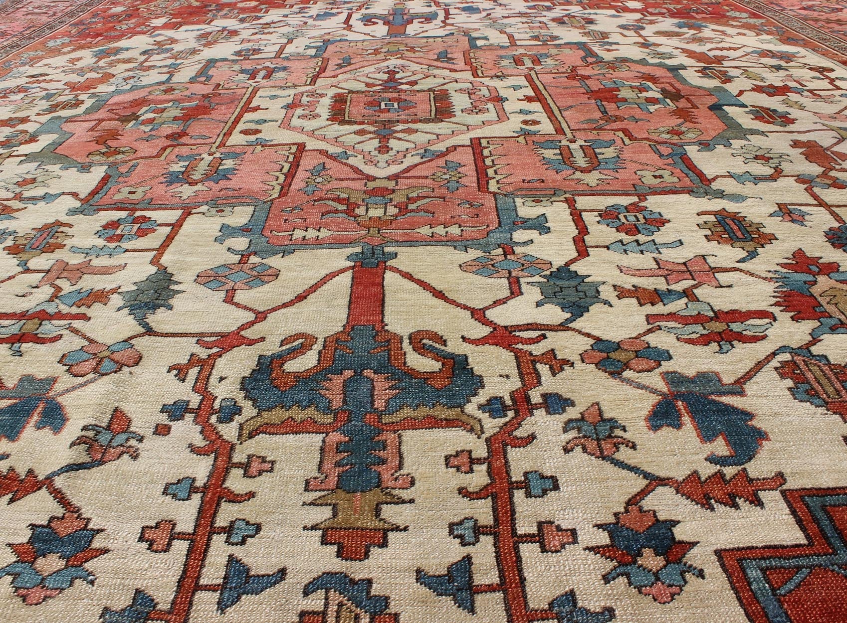 Antique Persian Serapi rug insquared shape with colors ivory, salmon pink, brick red. keivan Woven Arts / rug 16 - 0608, country of origin / type: Iran / Serapi, circa 1880. Measures: 11'5 x 13'10 Serapi rugs are known as the finest rugs produced ... - Keivan Woven Arts16 - 0608 - 8672Rug