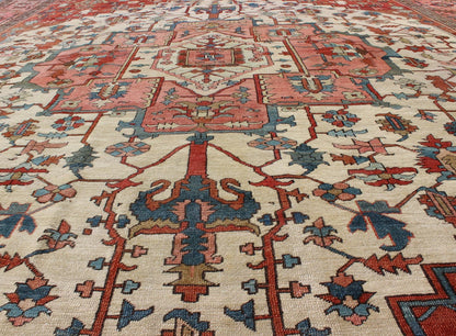 Antique Persian Serapi rug insquared shape with colors ivory, salmon pink, brick red. keivan Woven Arts / rug 16 - 0608, country of origin / type: Iran / Serapi, circa 1880. Measures: 11'5 x 13'10 Serapi rugs are known as the finest rugs produced ... - Keivan Woven Arts16 - 0608 - 8672Rug