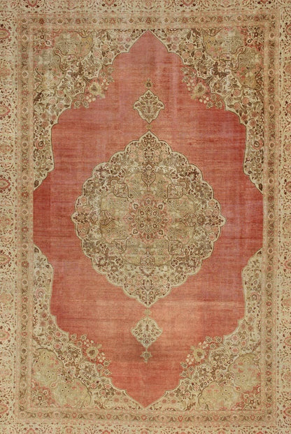 Large antique Turkish Sivas rug with Medallion design in pink red, salmon, light yellow green, and light brown highlights. Keivan Woven Arts / rug 16 - 0903, country of origin / type: Turkey / Sivas, circa Early - 20th century. Measures: 12'8 x 17'6. ... - Keivan Woven Arts16 - 0903 - 7699Rug