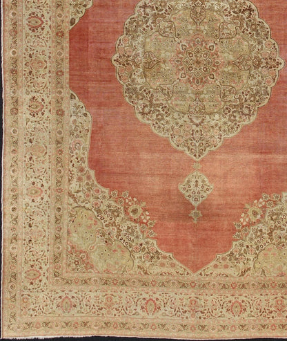 Large antique Turkish Sivas rug with Medallion design in pink red, salmon, light yellow green, and light brown highlights. Keivan Woven Arts / rug 16 - 0903, country of origin / type: Turkey / Sivas, circa Early - 20th century. Measures: 12'8 x 17'6. ... - Keivan Woven Arts16 - 0903 - 7699Rug