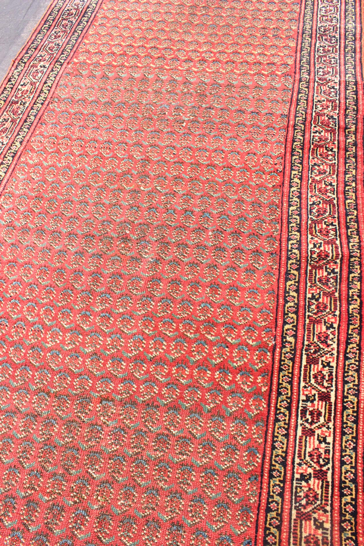 Long Runner Antique Persian Malayer Runner with Saraband Design in Soft Red Measures: 3'1 x 21'3 This antique Persian Seraband runner features an all - over paisley pattern set on a light red, rust red background and surrounded by multiple... - Keivan Woven Arts16 - 0904 - 7705Rug
