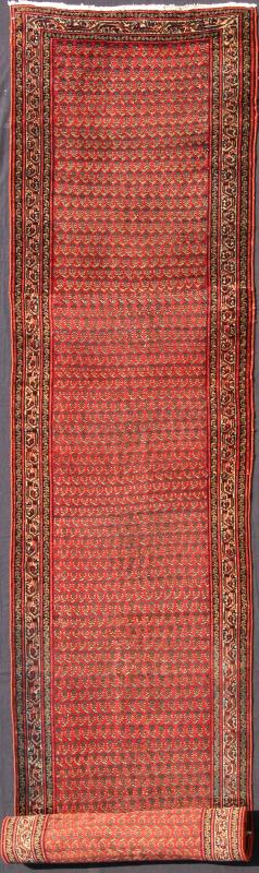 Long Runner Antique Persian Malayer Runner with Saraband Design in Soft Red Measures: 3'1 x 21'3 This antique Persian Seraband runner features an all - over paisley pattern set on a light red, rust red background and surrounded by multiple... - Keivan Woven Arts16 - 0904 - 7705Rug