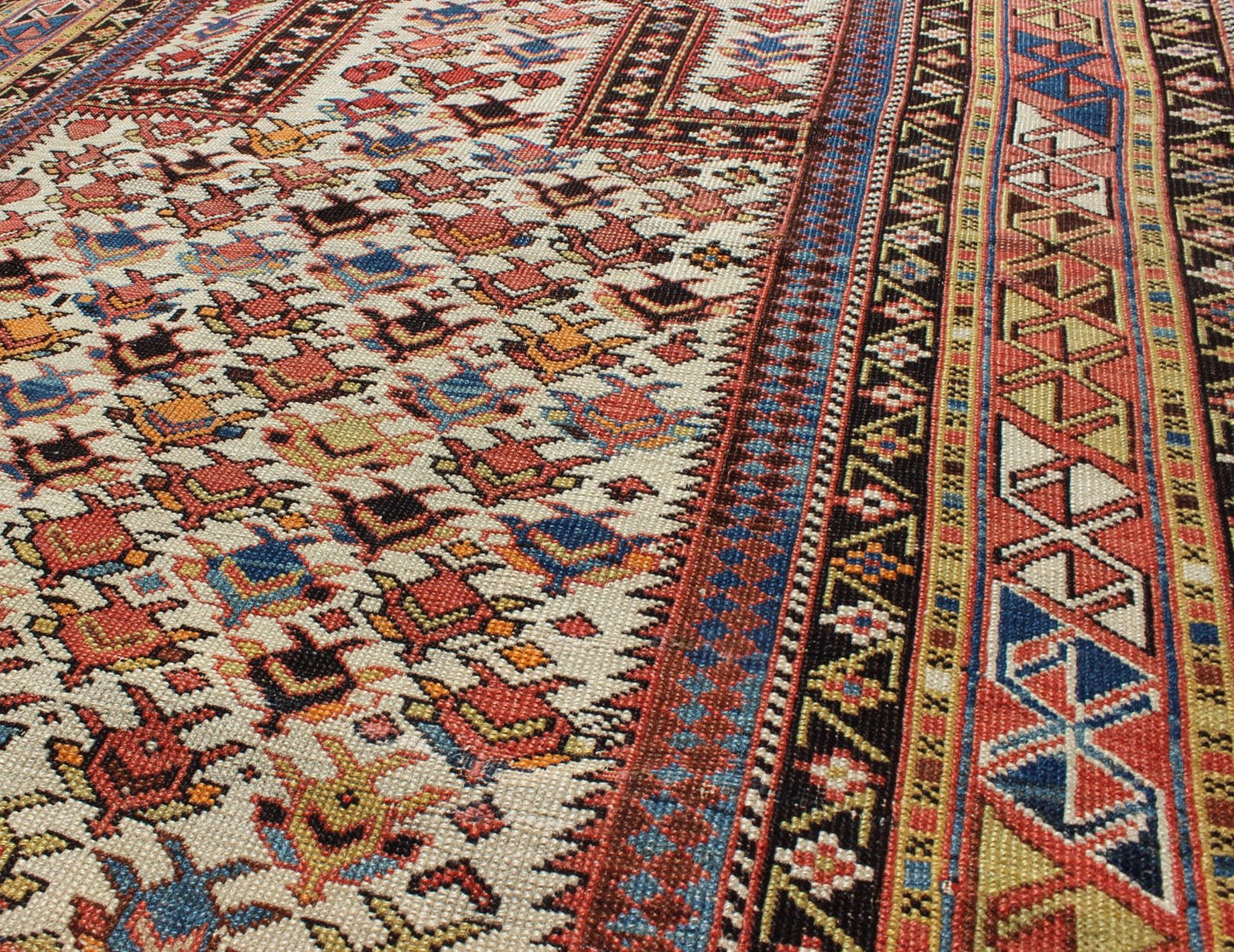 Antique Caucasian Shirvan Rug in Ivory Background, Rust, Yellow, and Dark Brown. Keivan Woven Arts / rug 16 - 0905, country of origin / type: Caucasus / Shirvan, circa late - 19th Century. Measures: 3'8'' x 4'9''. A late 19th century Shirvan prayer r... - Keivan Woven Arts16 - 0905 - 7769Rug
