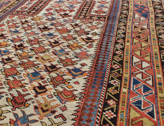 Antique Caucasian Shirvan Rug in Ivory Background, Rust, Yellow, and Dark Brown. Keivan Woven Arts / rug 16 - 0905, country of origin / type: Caucasus / Shirvan, circa late - 19th Century. Measures: 3'8'' x 4'9''. A late 19th century Shirvan prayer r... - Keivan Woven Arts16 - 0905 - 7769Rug
