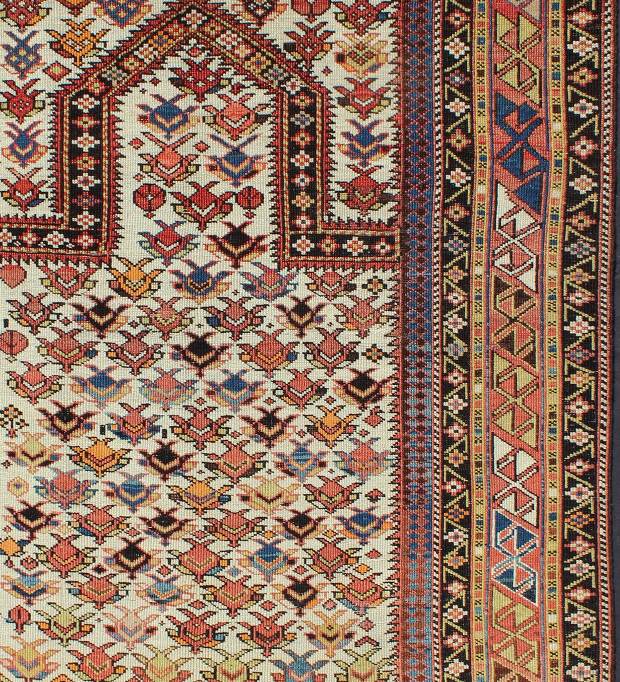 Antique Caucasian Shirvan Rug in Ivory Background, Rust, Yellow, and Dark Brown. Keivan Woven Arts / rug 16 - 0905, country of origin / type: Caucasus / Shirvan, circa late - 19th Century. Measures: 3'8'' x 4'9''. A late 19th century Shirvan prayer r... - Keivan Woven Arts16 - 0905 - 7769Rug
