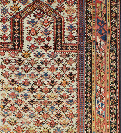 Antique Caucasian Shirvan Rug in Ivory Background, Rust, Yellow, and Dark Brown. Keivan Woven Arts / rug 16 - 0905, country of origin / type: Caucasus / Shirvan, circa late - 19th Century. Measures: 3'8'' x 4'9''. A late 19th century Shirvan prayer r... - Keivan Woven Arts16 - 0905 - 7769Rug