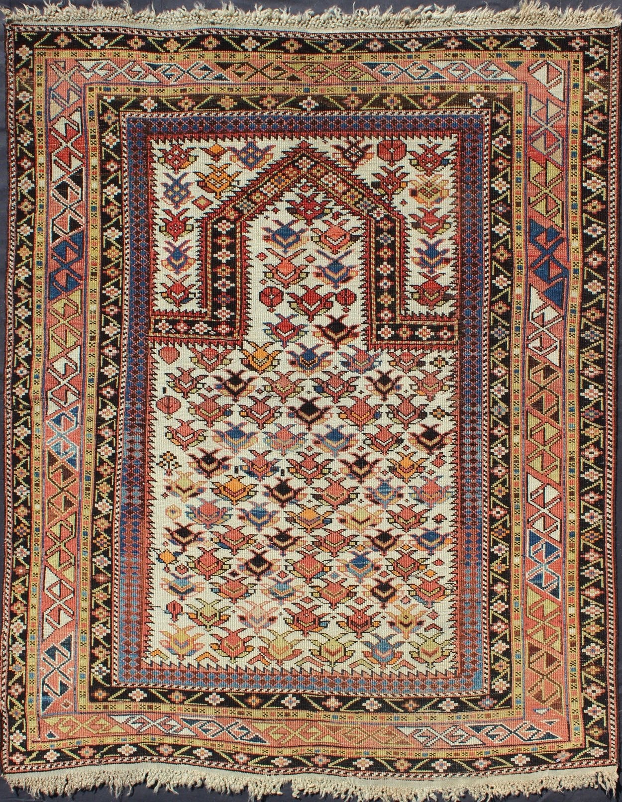 Antique Caucasian Shirvan Rug in Ivory Background, Rust, Yellow, and Dark Brown. Keivan Woven Arts / rug 16 - 0905, country of origin / type: Caucasus / Shirvan, circa late - 19th Century. Measures: 3'8'' x 4'9''. A late 19th century Shirvan prayer r... - Keivan Woven Arts16 - 0905 - 7769Rug