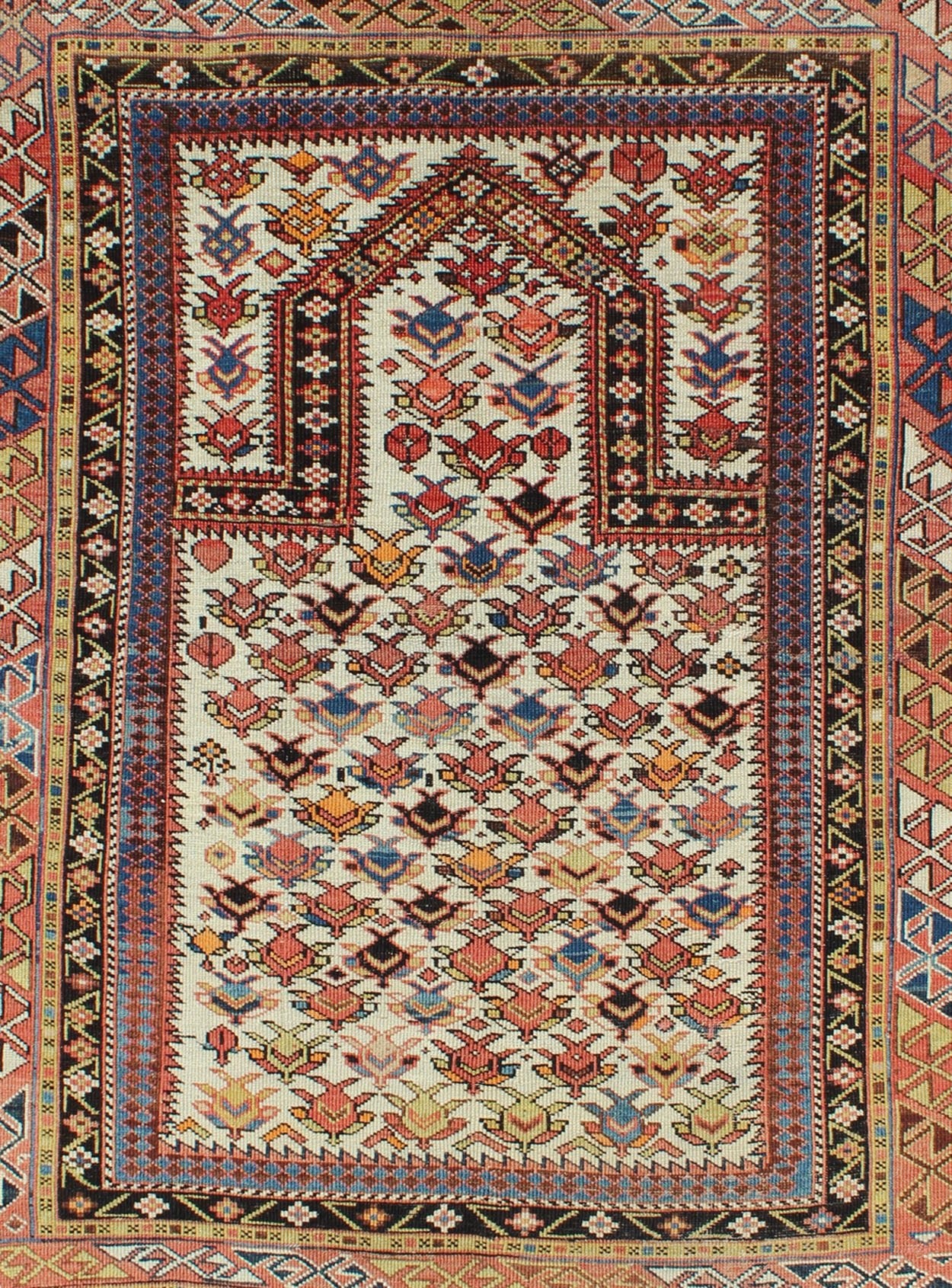 Antique Caucasian Shirvan Rug in Ivory Background, Rust, Yellow, and Dark Brown. Keivan Woven Arts / rug 16 - 0905, country of origin / type: Caucasus / Shirvan, circa late - 19th Century. Measures: 3'8'' x 4'9''. A late 19th century Shirvan prayer r... - Keivan Woven Arts16 - 0905 - 7769Rug