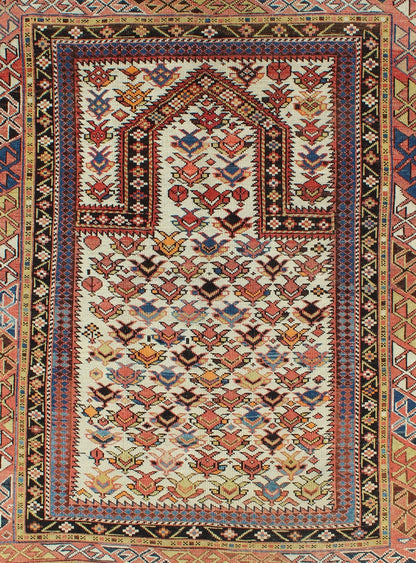 Antique Caucasian Shirvan Rug in Ivory Background, Rust, Yellow, and Dark Brown. Keivan Woven Arts / rug 16 - 0905, country of origin / type: Caucasus / Shirvan, circa late - 19th Century. Measures: 3'8'' x 4'9''. A late 19th century Shirvan prayer r... - Keivan Woven Arts16 - 0905 - 7769Rug