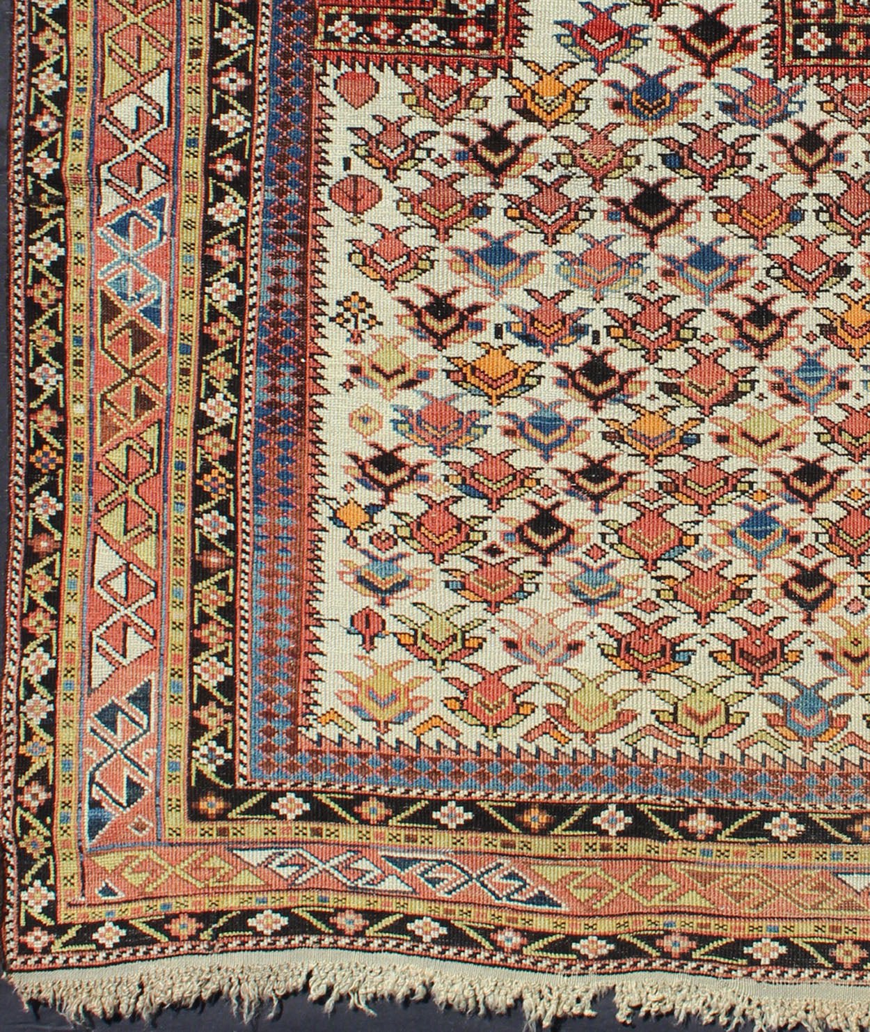 Antique Caucasian Shirvan Rug in Ivory Background, Rust, Yellow, and Dark Brown. Keivan Woven Arts / rug 16 - 0905, country of origin / type: Caucasus / Shirvan, circa late - 19th Century. Measures: 3'8'' x 4'9''. A late 19th century Shirvan prayer r... - Keivan Woven Arts16 - 0905 - 7769Rug