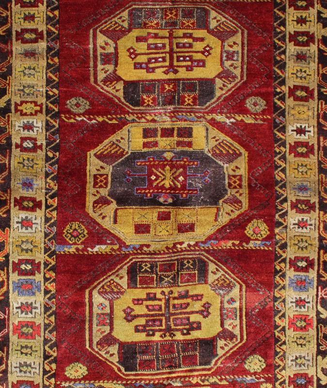 Antique Turkish Kersheihr Medallion Area Runner in Red and Gold Measures: 4'8 x 9'2 This stunning antique Turkish Kersheihr was beautifully handcrafted during the early part of the 20th century. A regal sub - geometric design and five... - Keivan Woven Arts16 - 0909 - 7997Rug