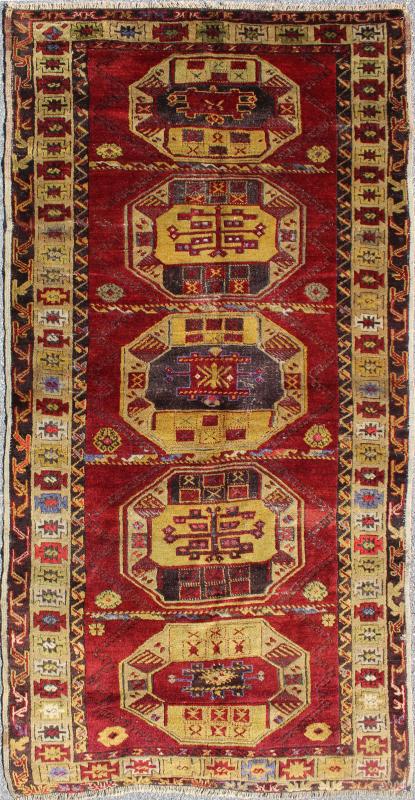 Antique Turkish Kersheihr Medallion Area Runner in Red and Gold Measures: 4'8 x 9'2 This stunning antique Turkish Kersheihr was beautifully handcrafted during the early part of the 20th century. A regal sub - geometric design and five... - Keivan Woven Arts16 - 0909 - 7997