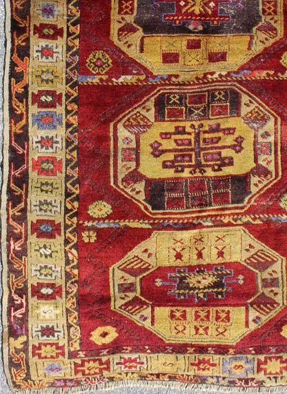 Antique Turkish Kersheihr Medallion Area Runner in Red and Gold Measures: 4'8 x 9'2 This stunning antique Turkish Kersheihr was beautifully handcrafted during the early part of the 20th century. A regal sub - geometric design and five... - Keivan Woven Arts16 - 0909 - 7997Rug